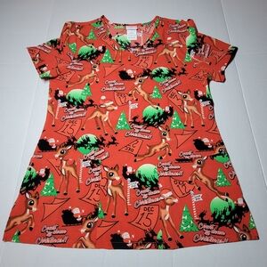 💚 Rudolph the Red Nosed Reindeer Womens Scrub Top Christmas‎ Size Small